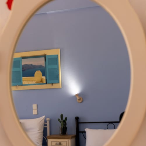 a mirror with a picture of a bed and a plant