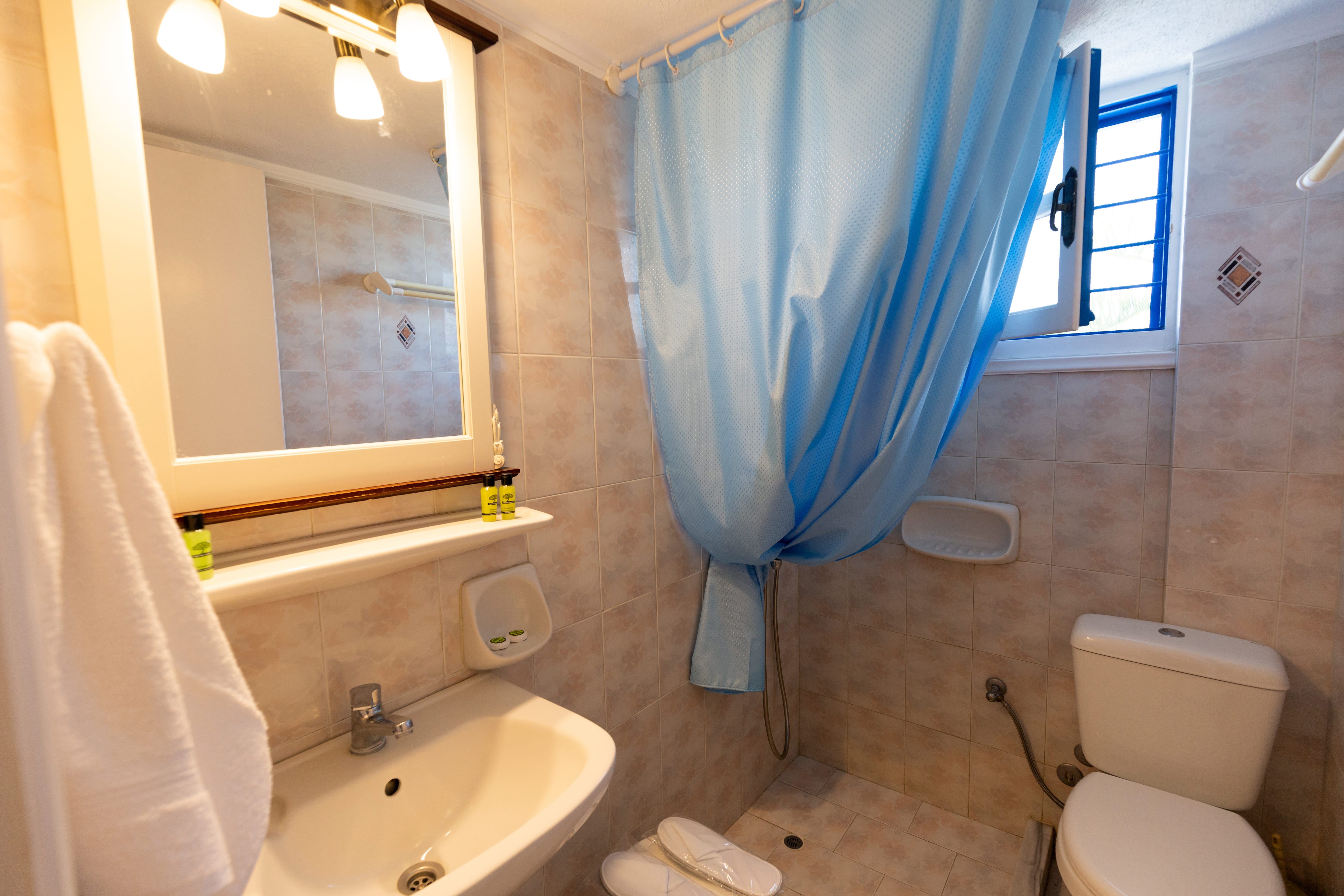 a bathroom with a blue shower curtain