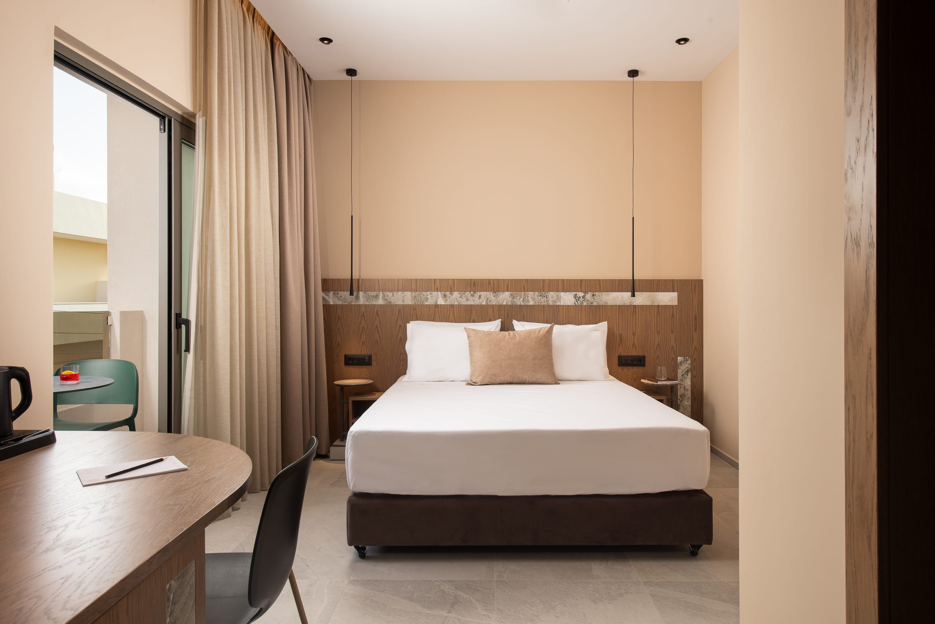 a room with a bed and a table