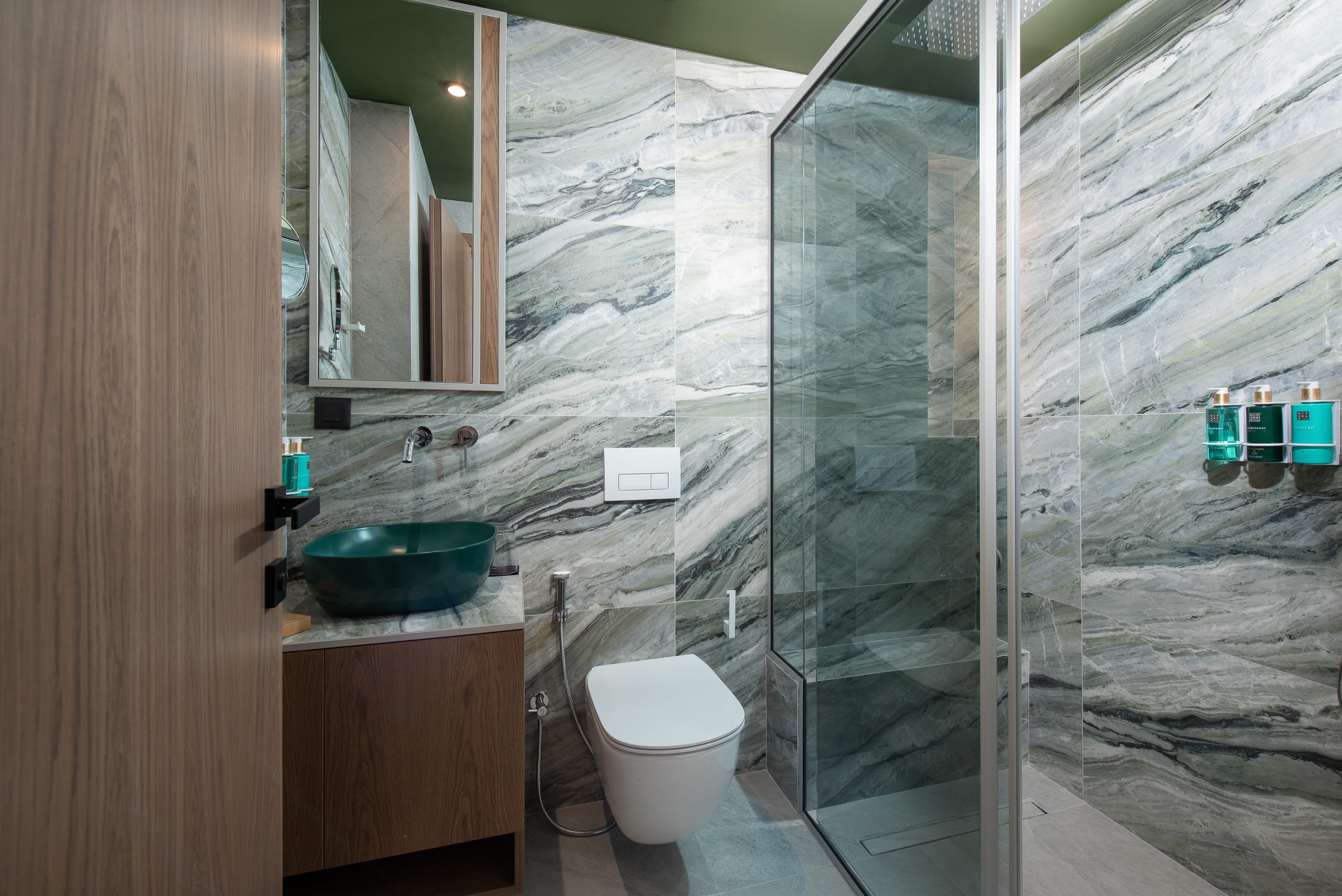 a bathroom with a glass shower