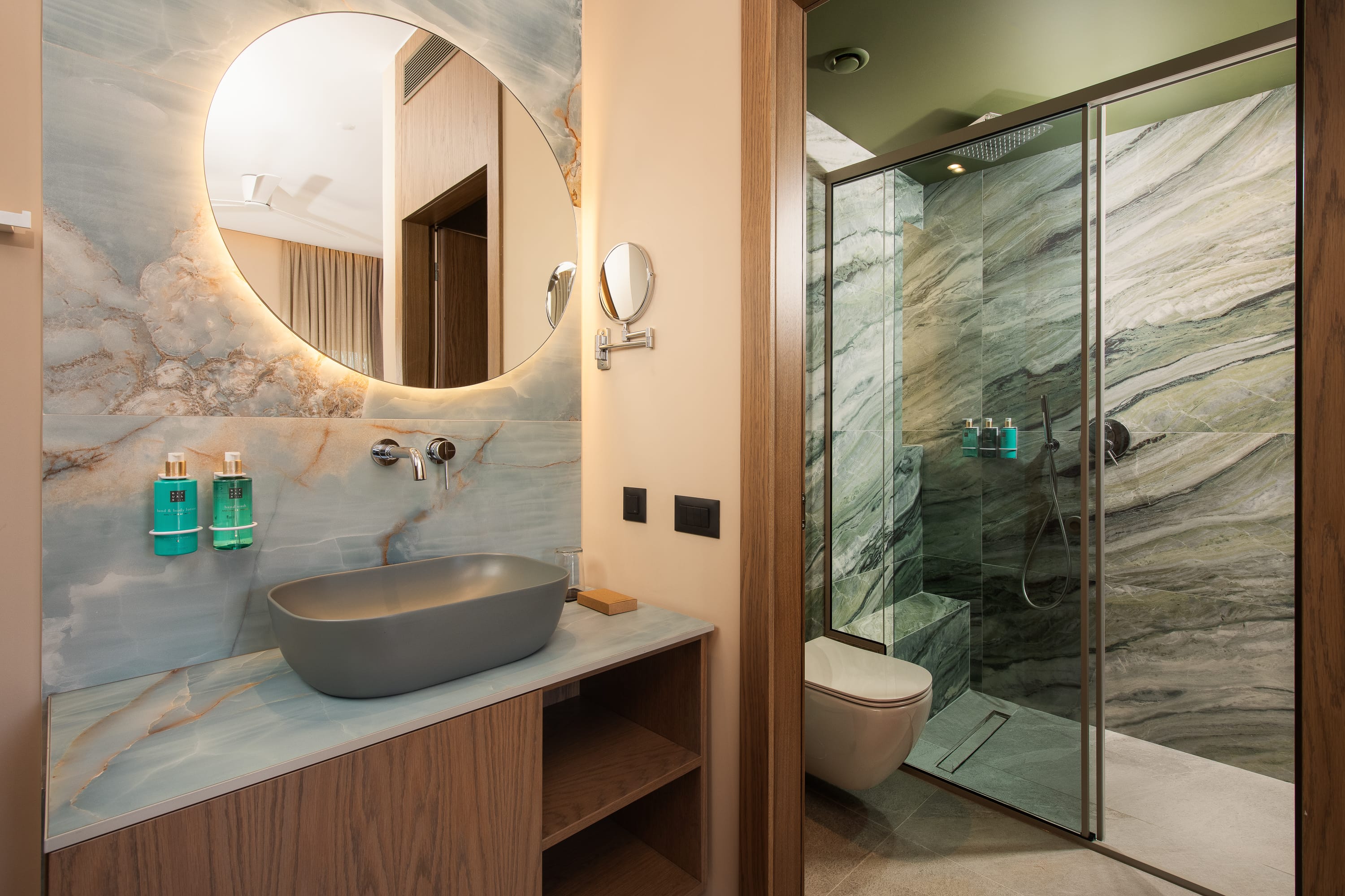 a bathroom with a glass shower