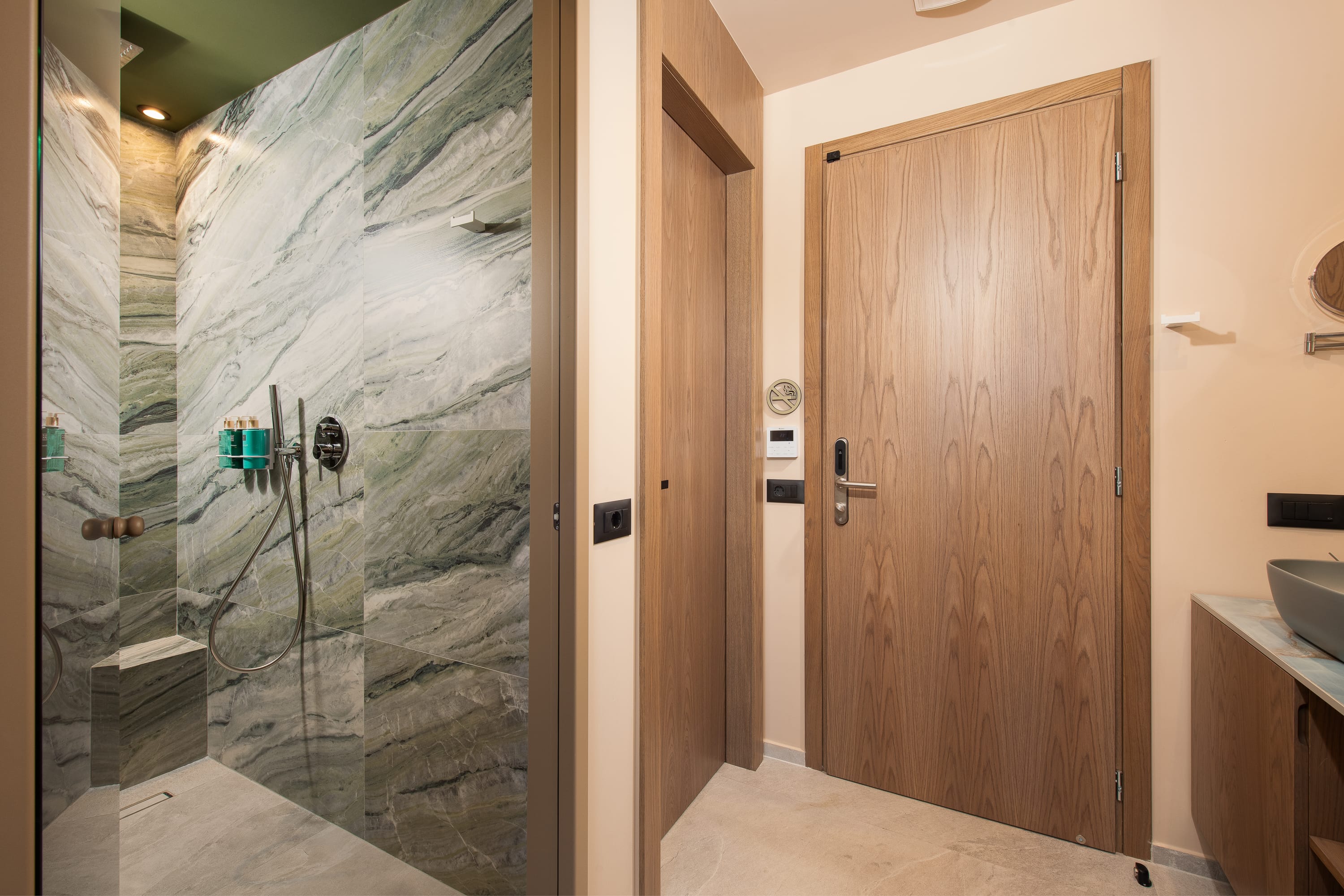 a shower with a glass door