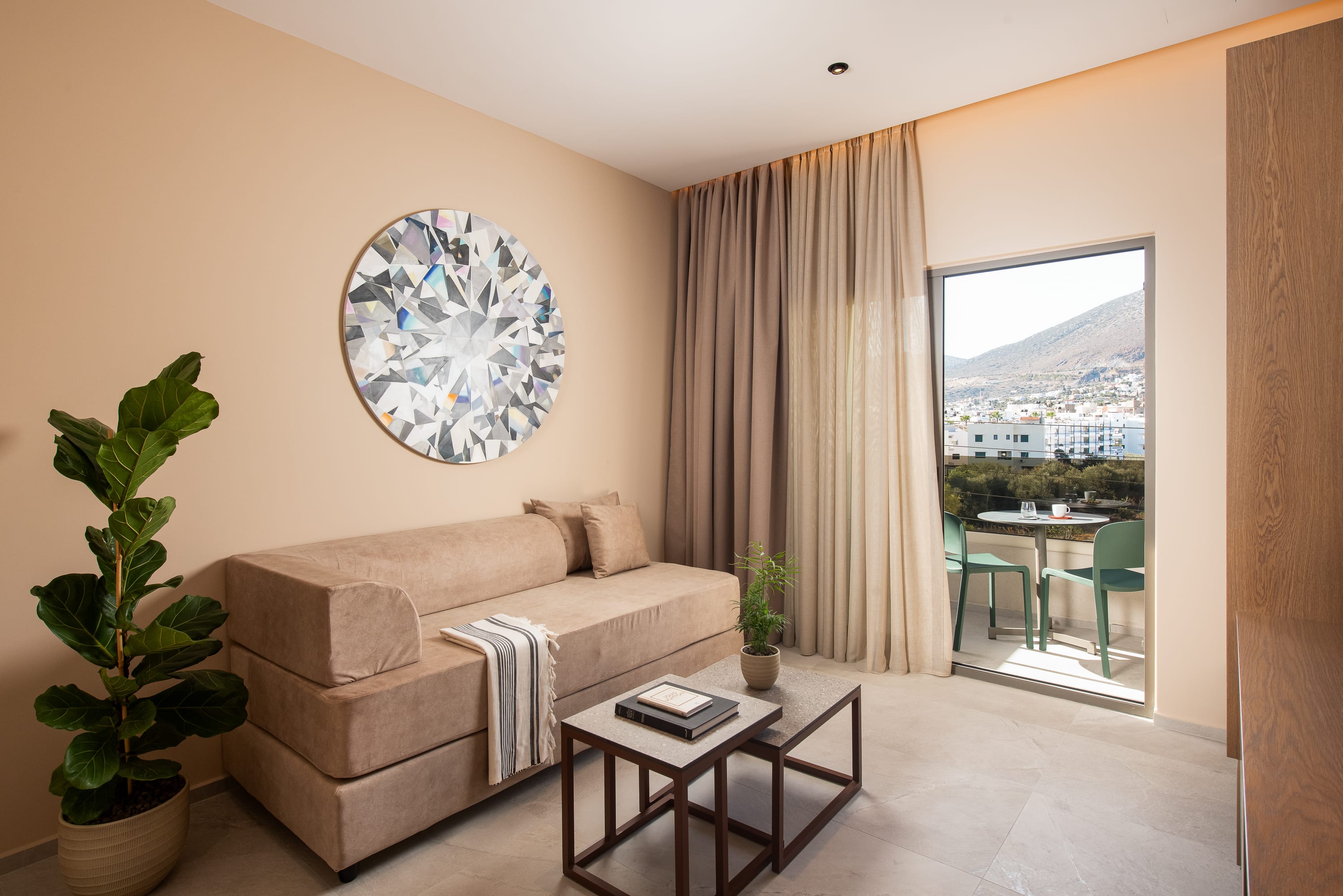 a living room with a couch and a table