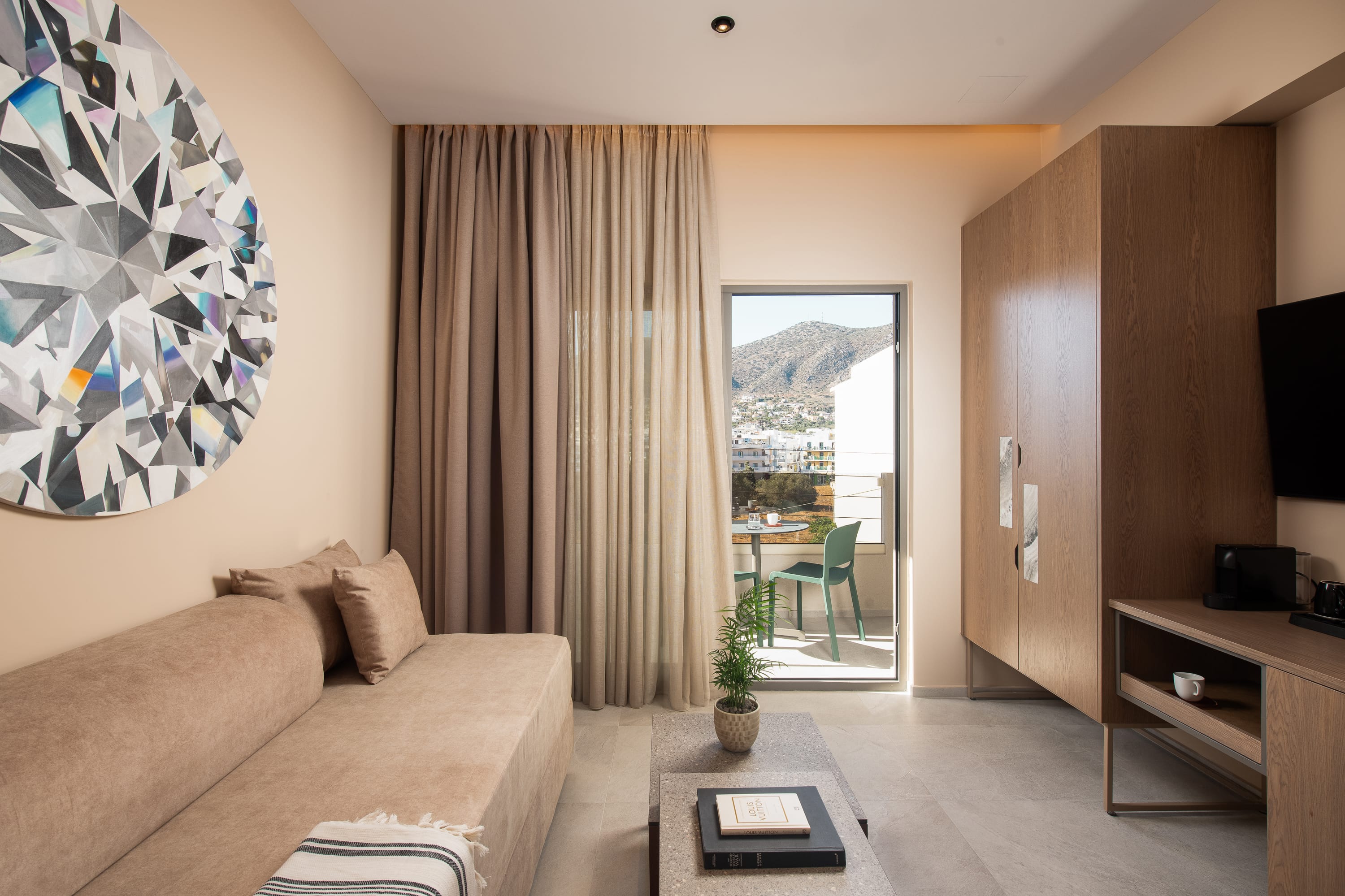 a living room with a large window