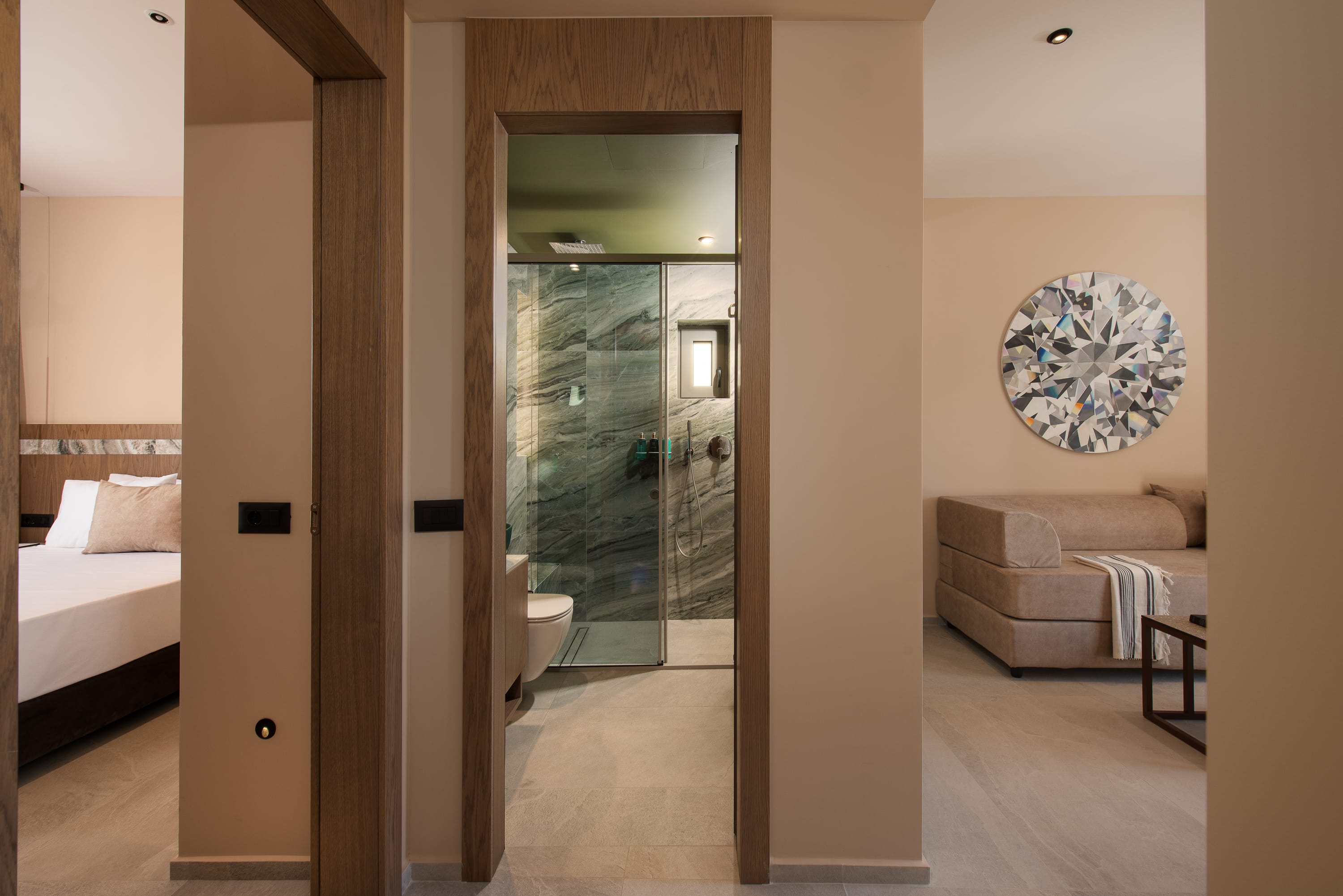 a room with a glass door