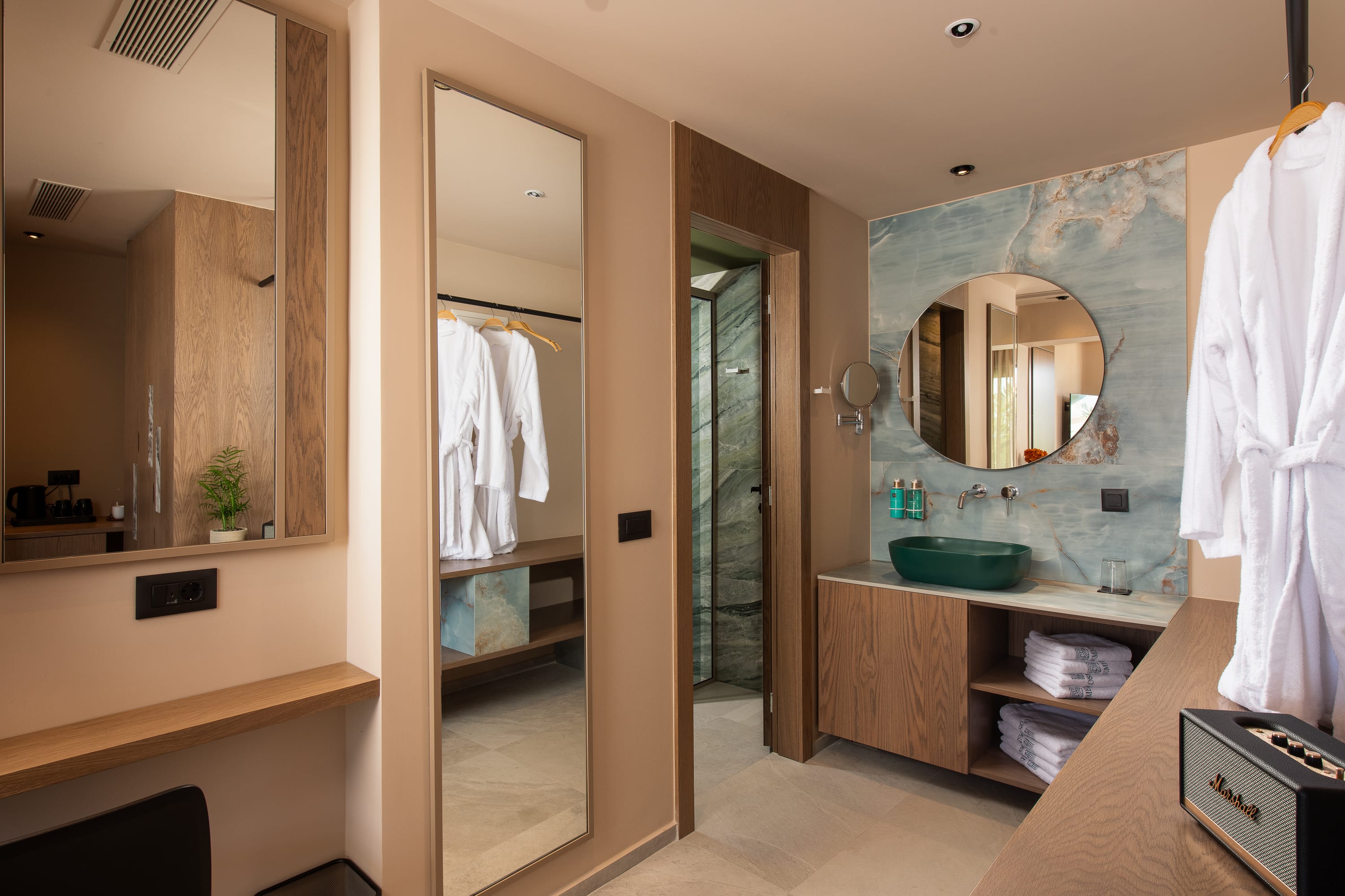 a bathroom with a glass door