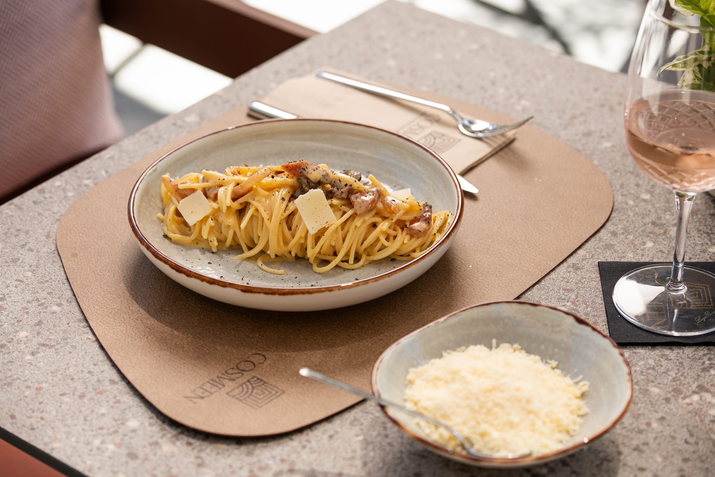 a plate of food and a glass of wine on a table