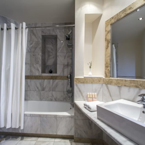 a bathroom with a large mirror
