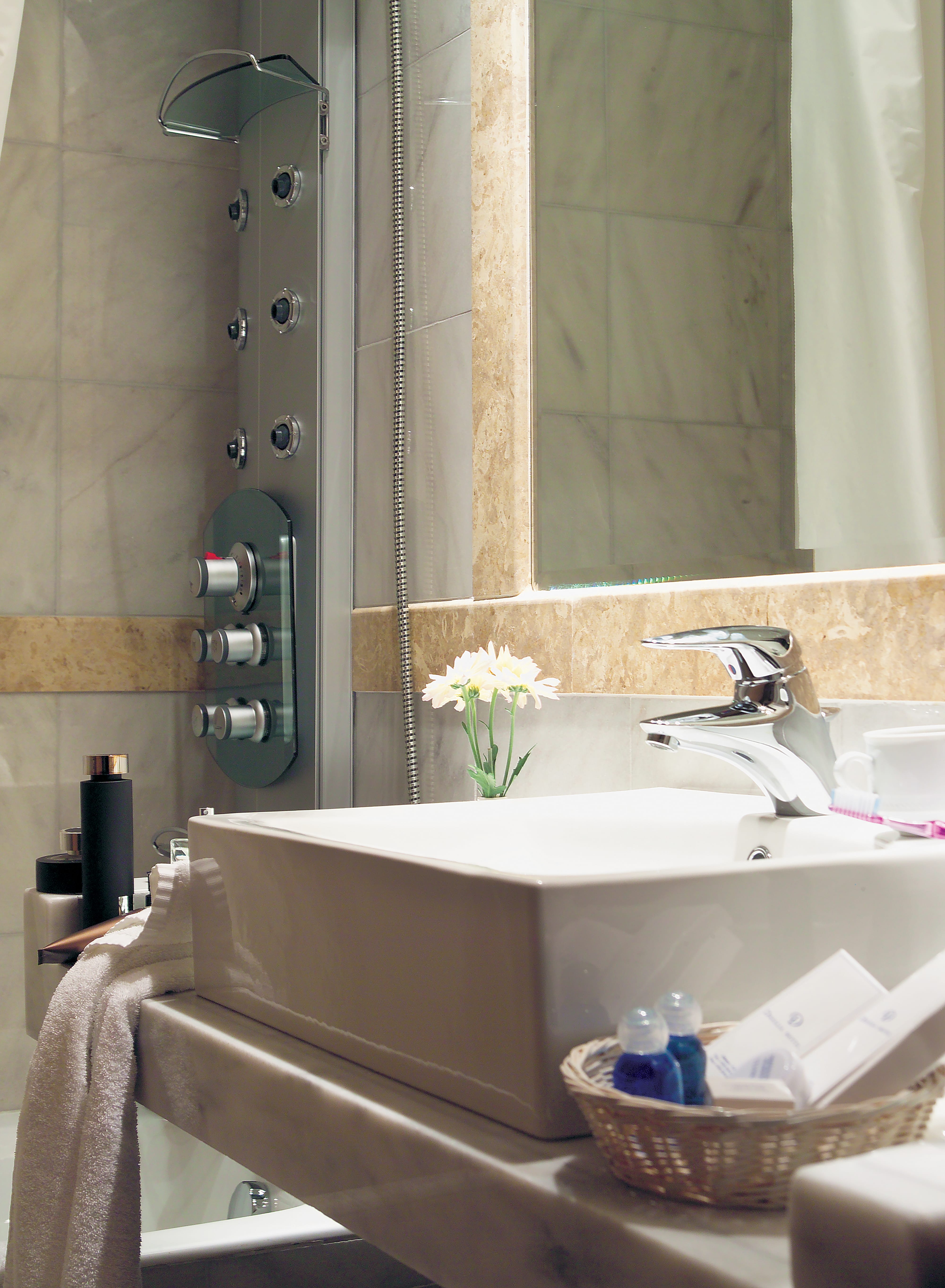 a bathroom with a glass shower