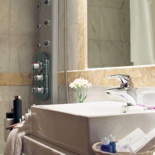 a bathroom with a glass shower