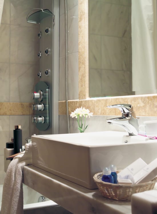 a bathroom with a glass shower
