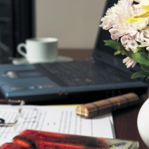 a black laptop on a desk