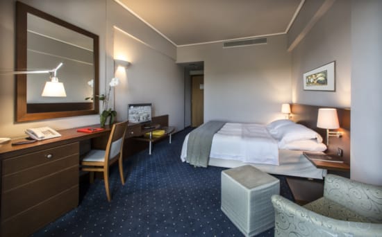 a hotel room with a bed desk and a mirror