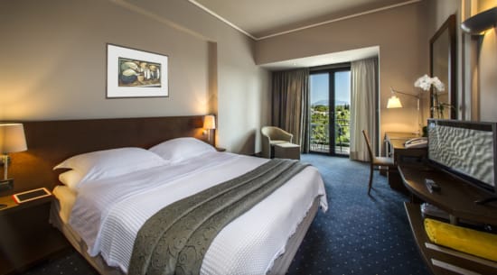 a hotel room with a large bed