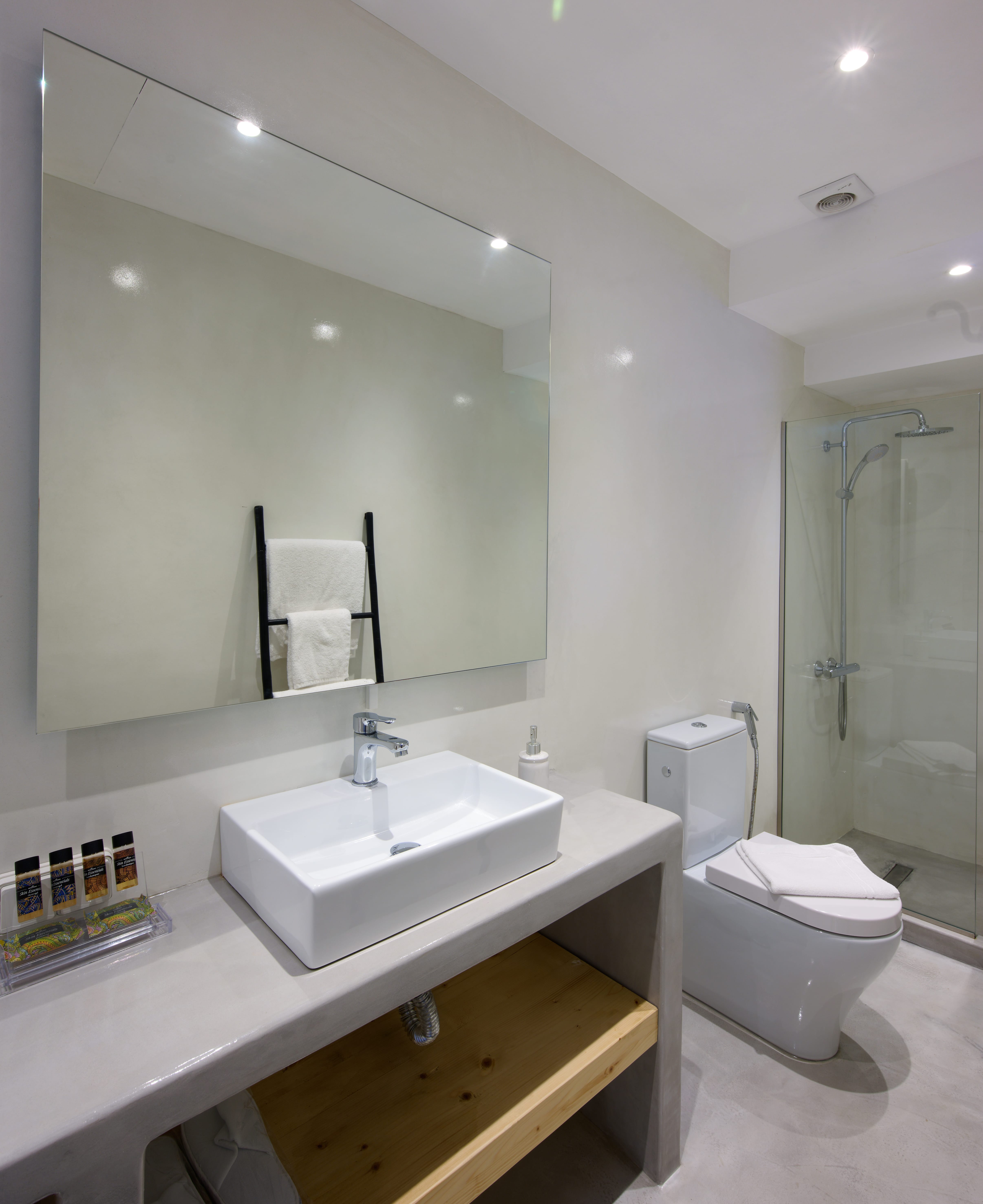 a bathroom with a large mirror