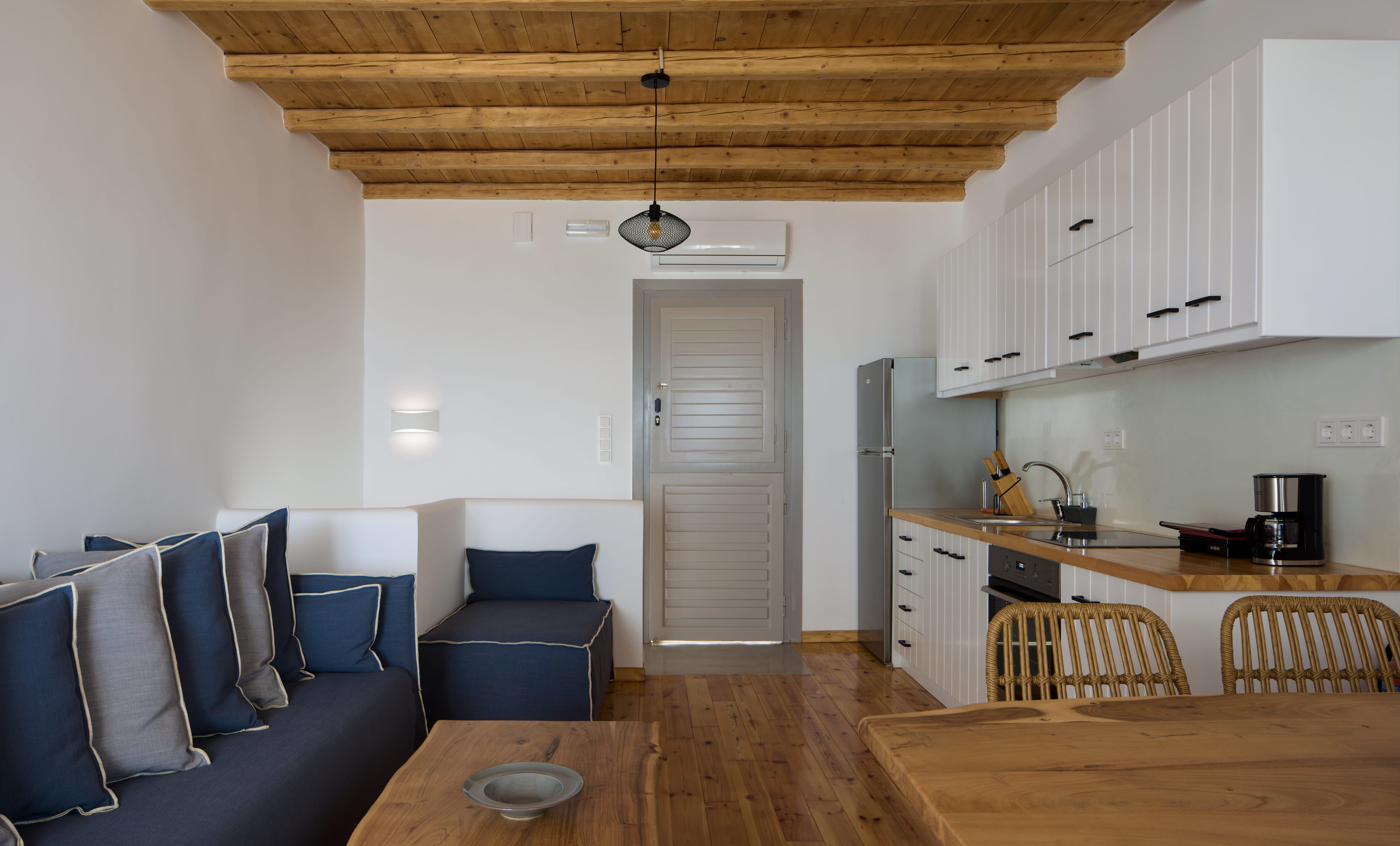 a room with a couch and a table