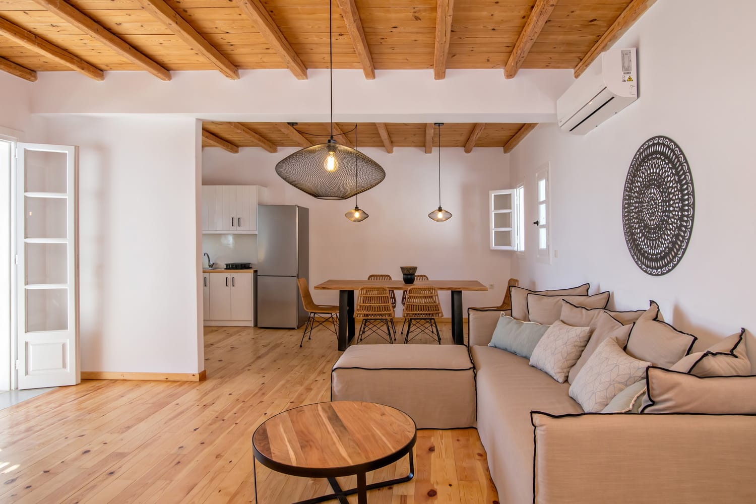a living room with a wood floor