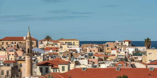 a city with red rooftops
