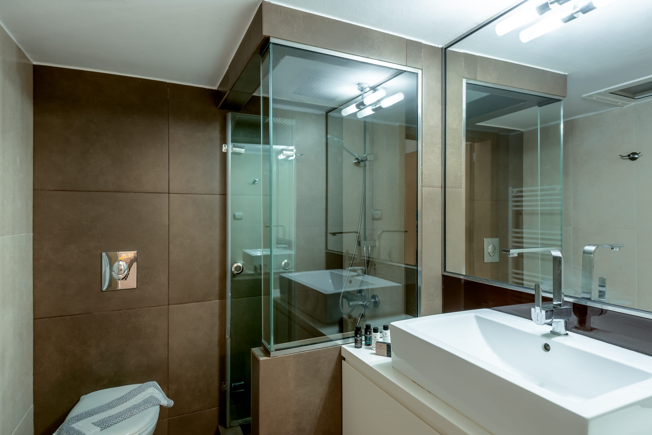 a bathroom with a glass shower