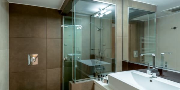 a bathroom with a glass shower