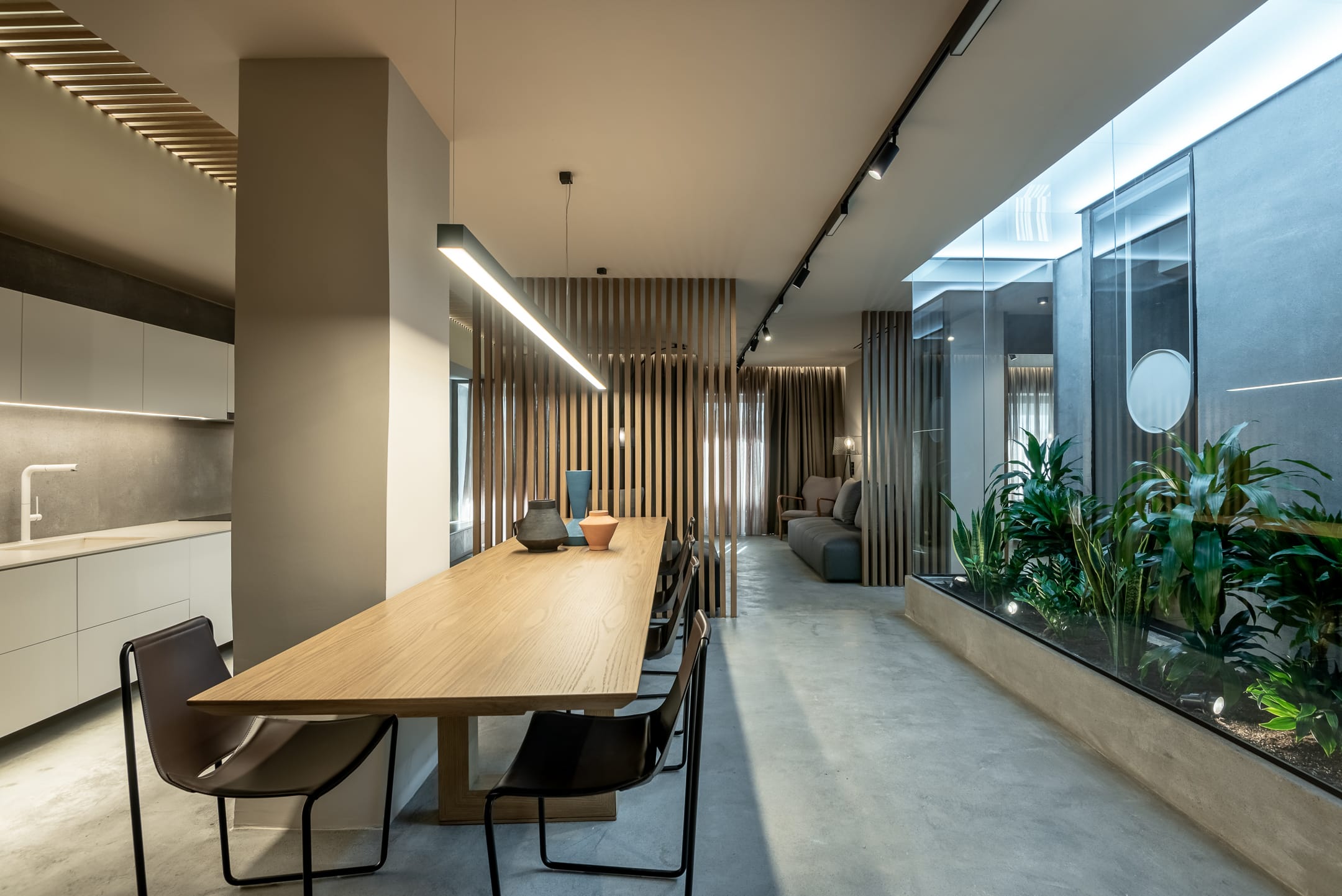 a room with a table and chairs