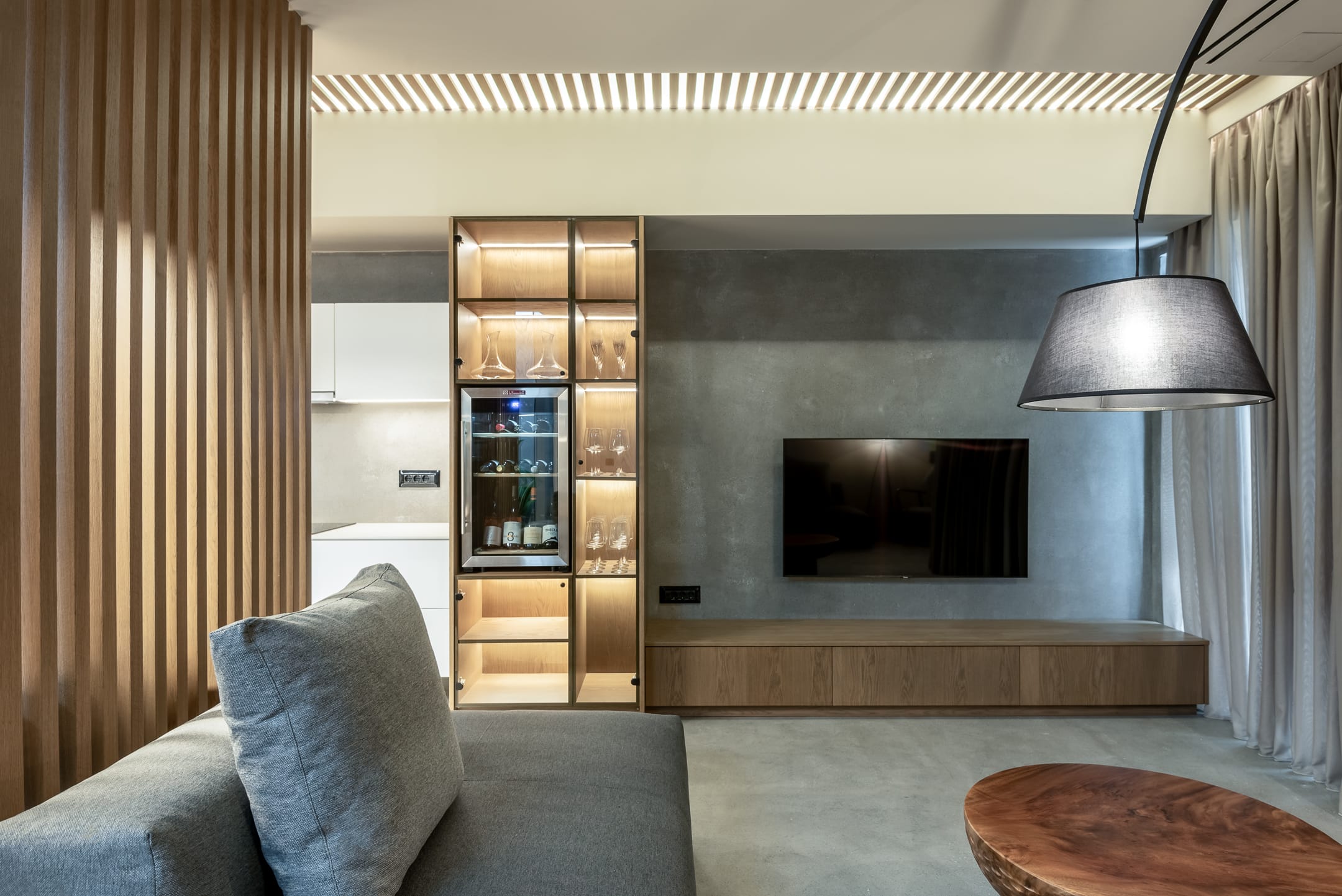 a living room with a fireplace