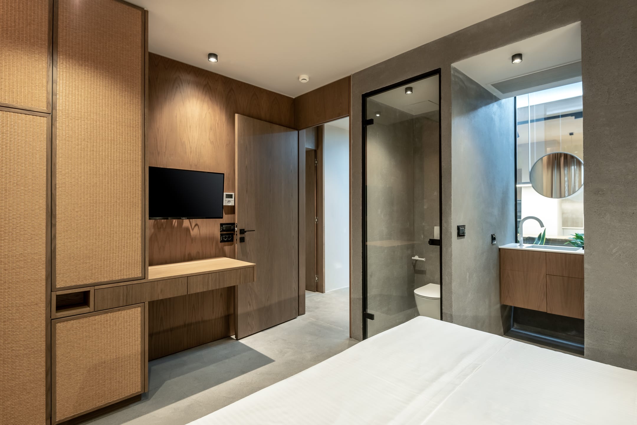 a bathroom with a large mirror