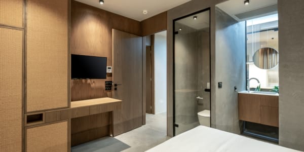 a bathroom with a large mirror