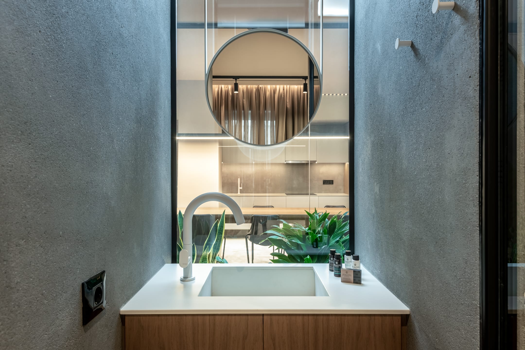 a bathroom with a large mirror