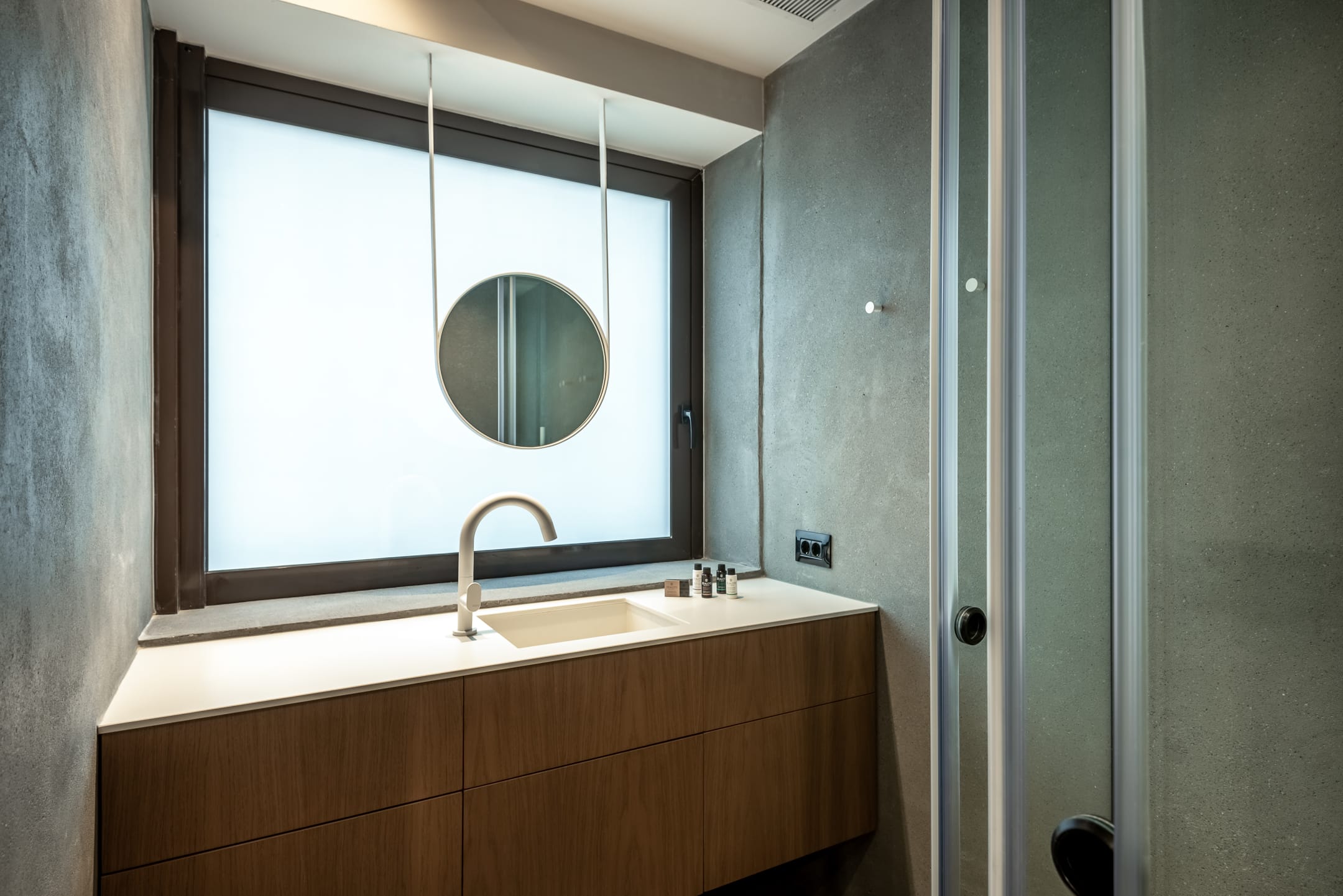 a bathroom with a large mirror