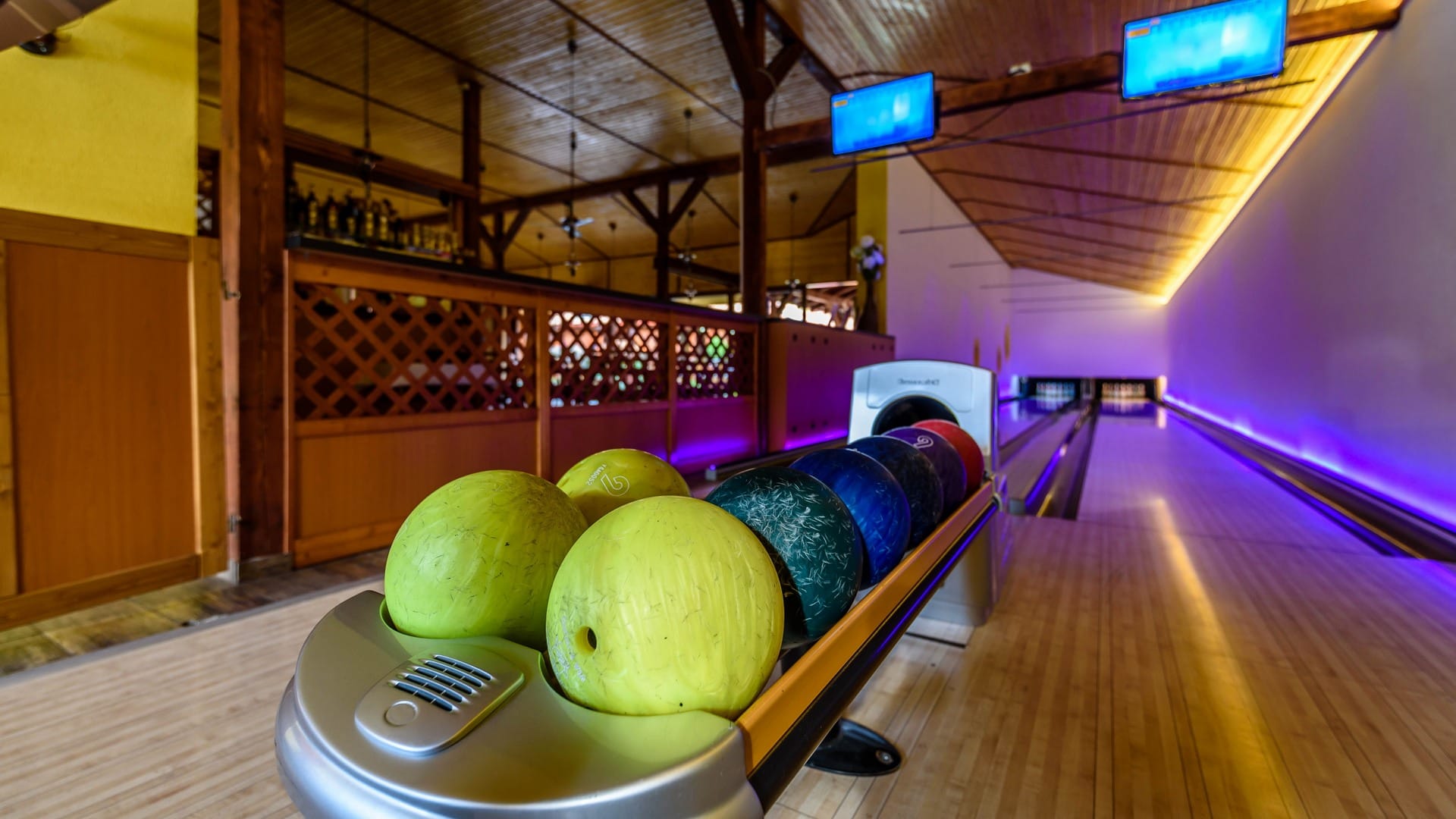 bowling alley with bowling balls