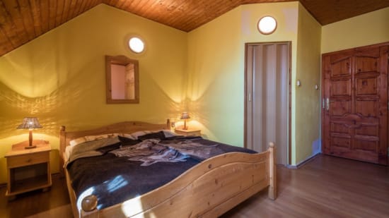 a bedroom with a bed and a mirror