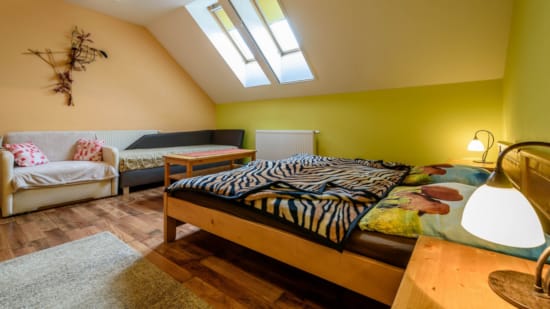 a room with a bed and couches