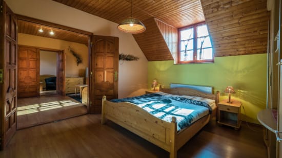 a bedroom with a bed and a window