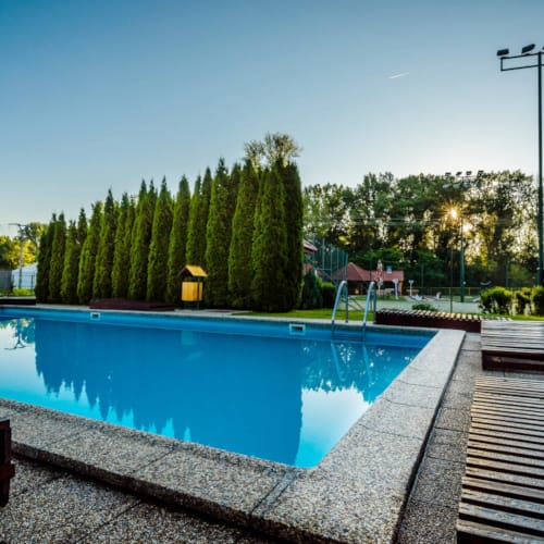 a swimming pool with trees and grass