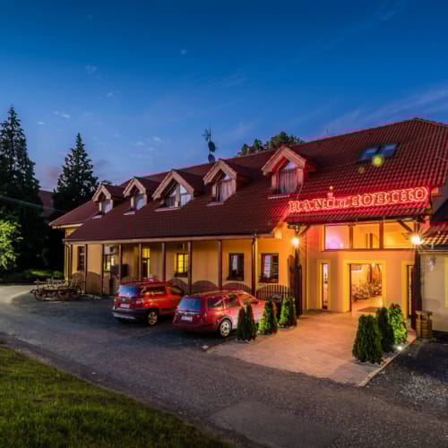 a building with a red roof