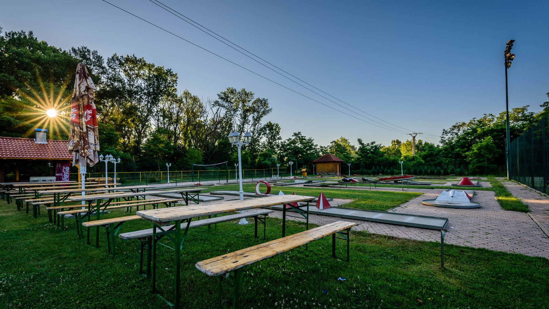 a park with picnic tables