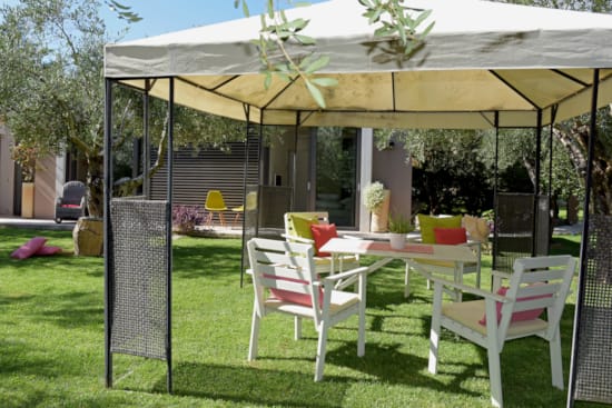 a table and chairs outside