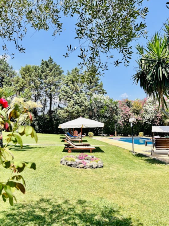 a lawn with a table and chairs and a gazebo in the middle