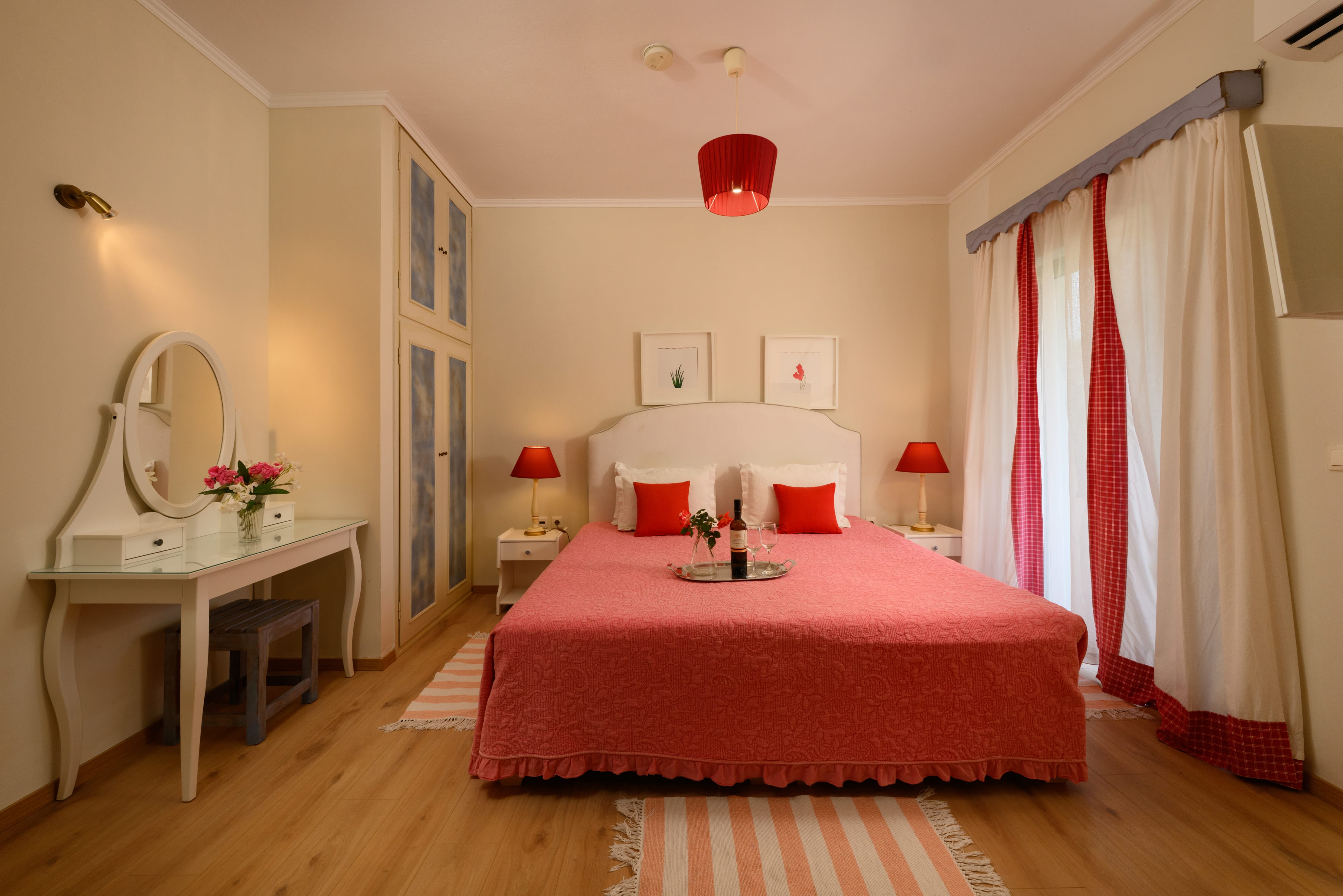 a bedroom with a bed and a table