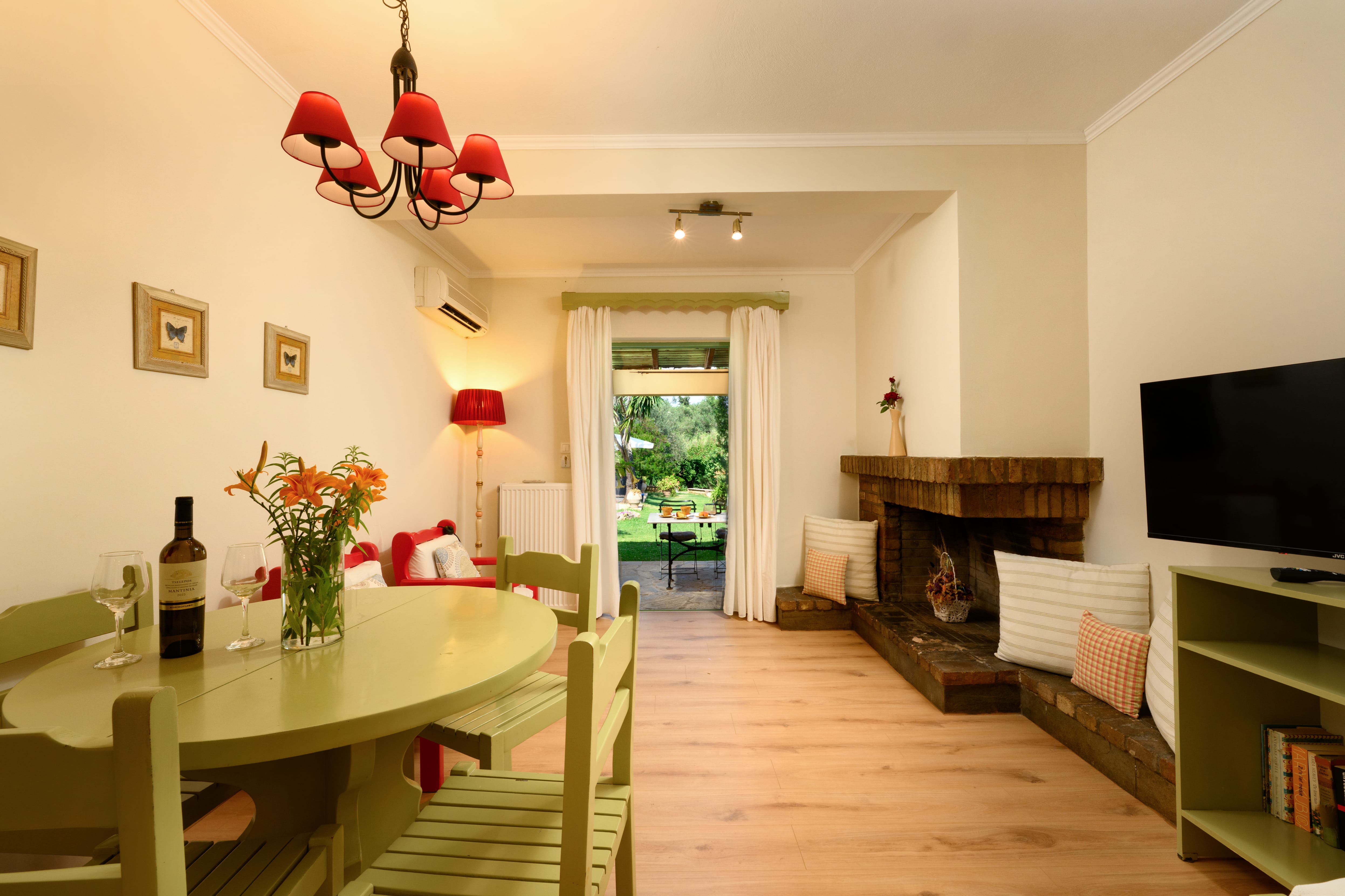 a living room with a fireplace