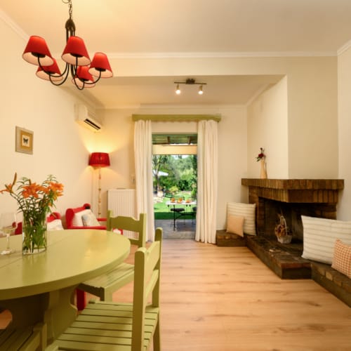 a living room with a fireplace