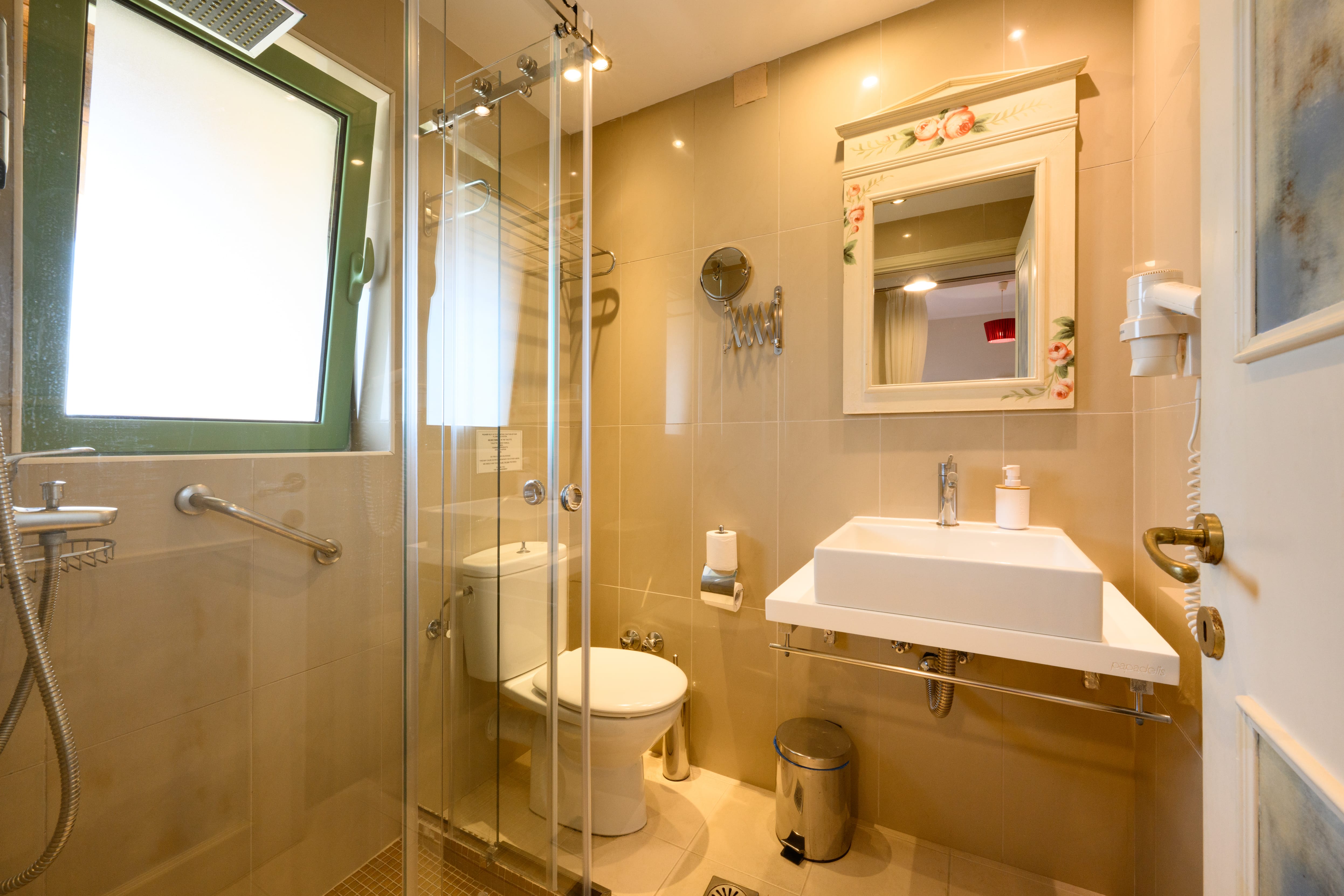 a bathroom with a glass shower