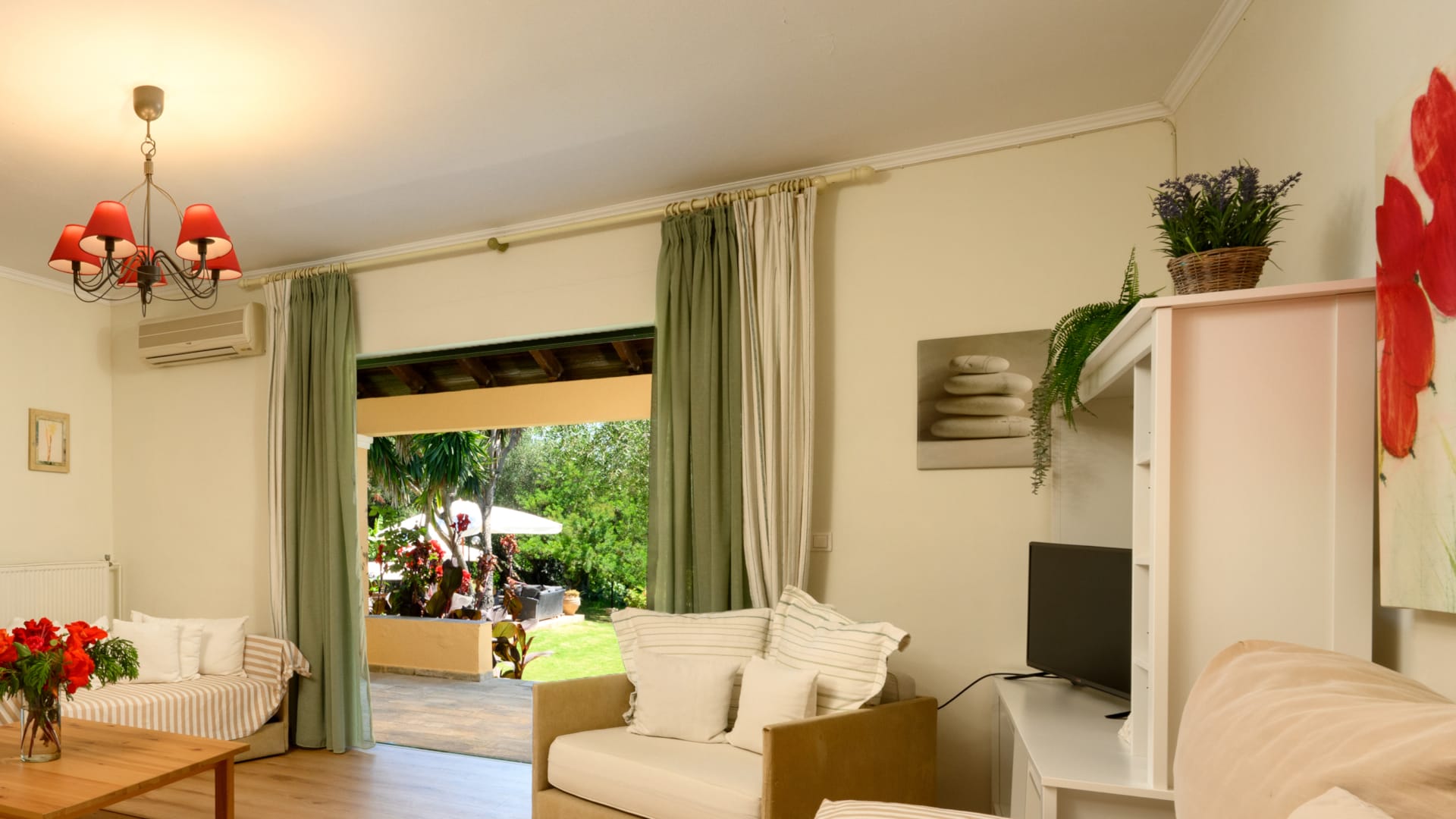 a living room with a fireplace