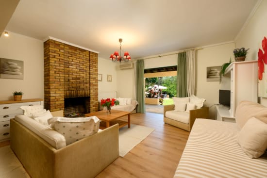 a living room with a fireplace