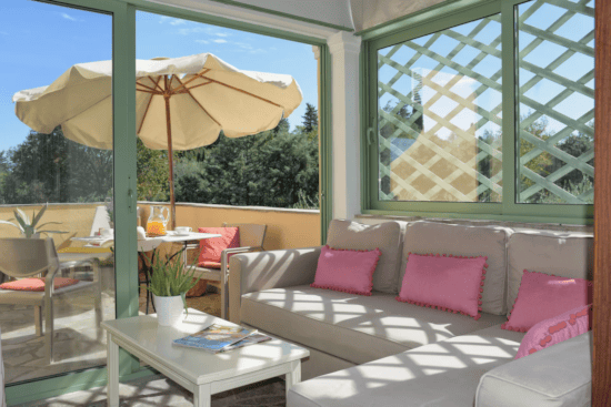 a living room with a couch and a table