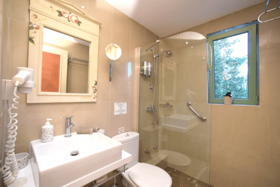 a bathroom with a glass shower