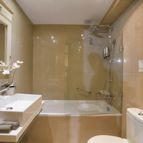 a bathroom with a tub sink and toilet