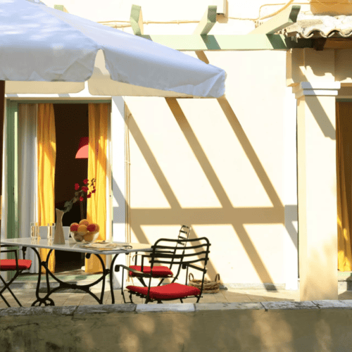 a table and chairs outside