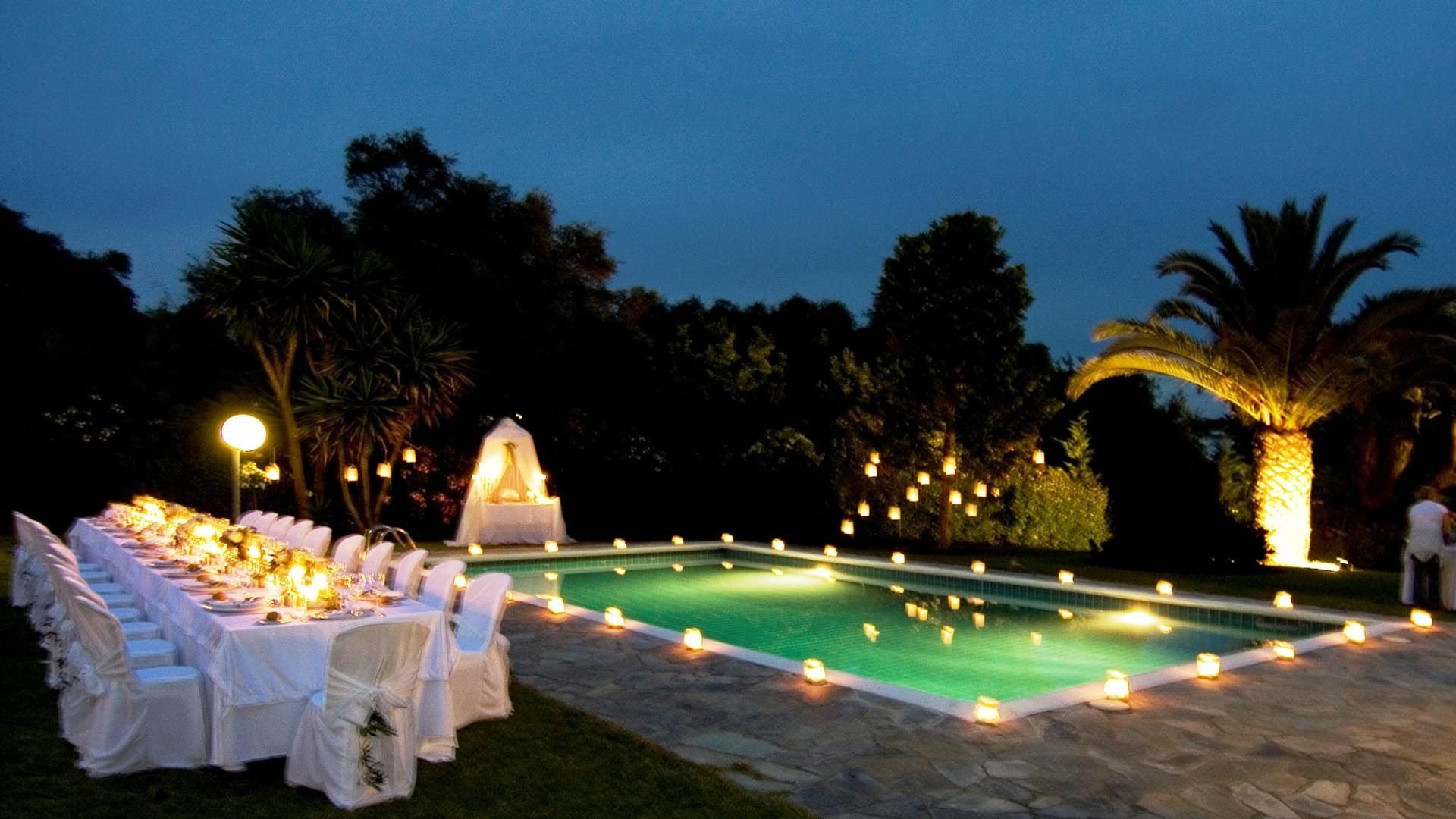 a pool with lights on it